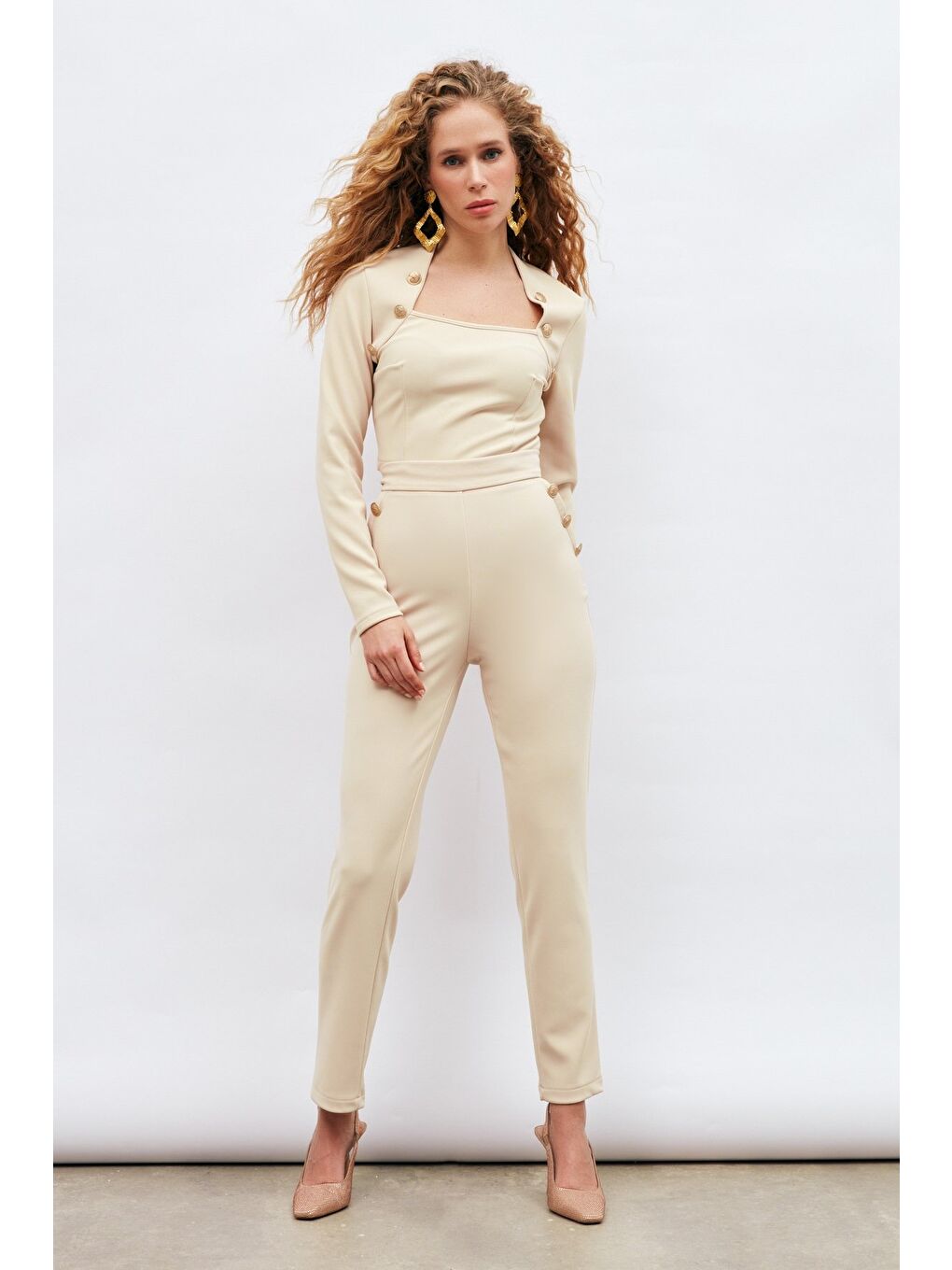 Düğme Detaylı Pantolon - Bej-2