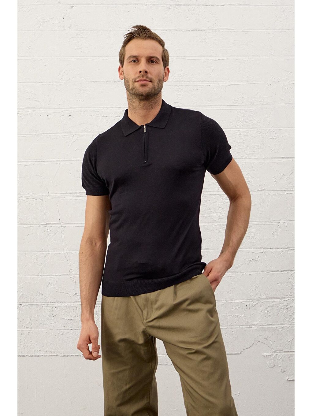 Danger Erkek Basic Slim-Fit Polo Yaka Yazlık Triko Tişört Koyu Lacivert - 6