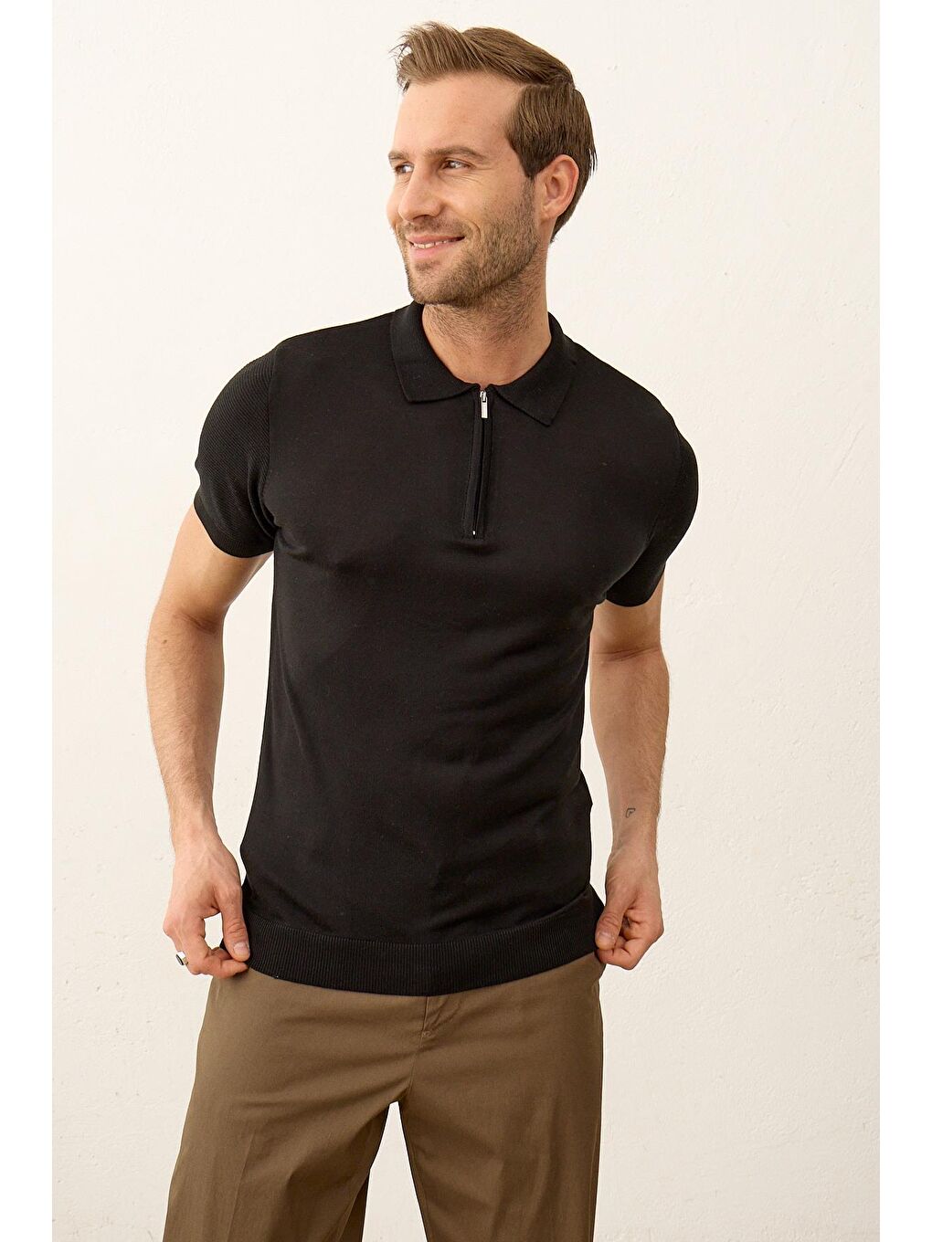 Danger Erkek Basic Slim-Fit Polo Yaka Yazlık Triko Tişört Siyah - 1