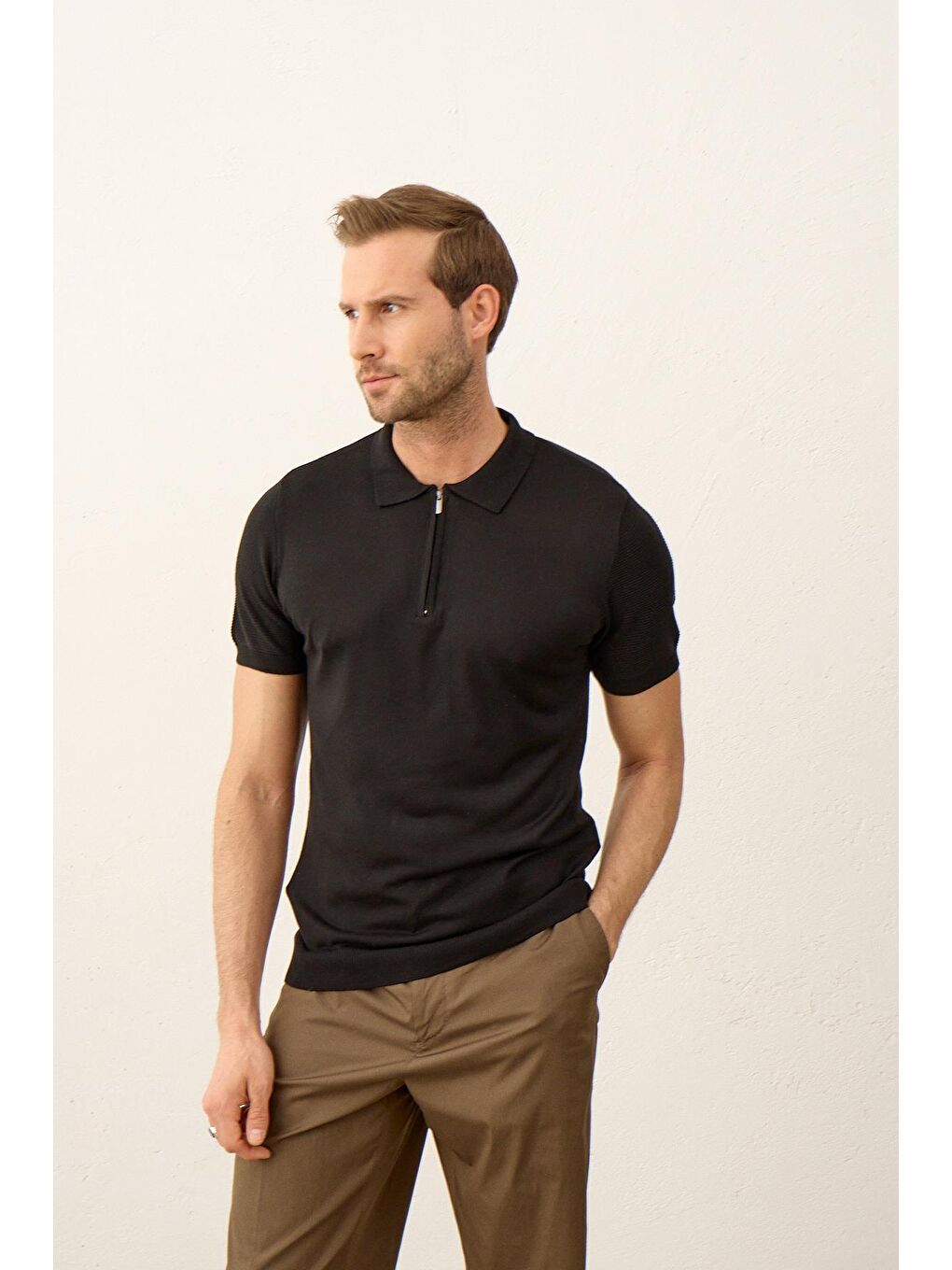 Danger Erkek Basic Slim-Fit Polo Yaka Yazlık Triko Tişört Siyah - 4