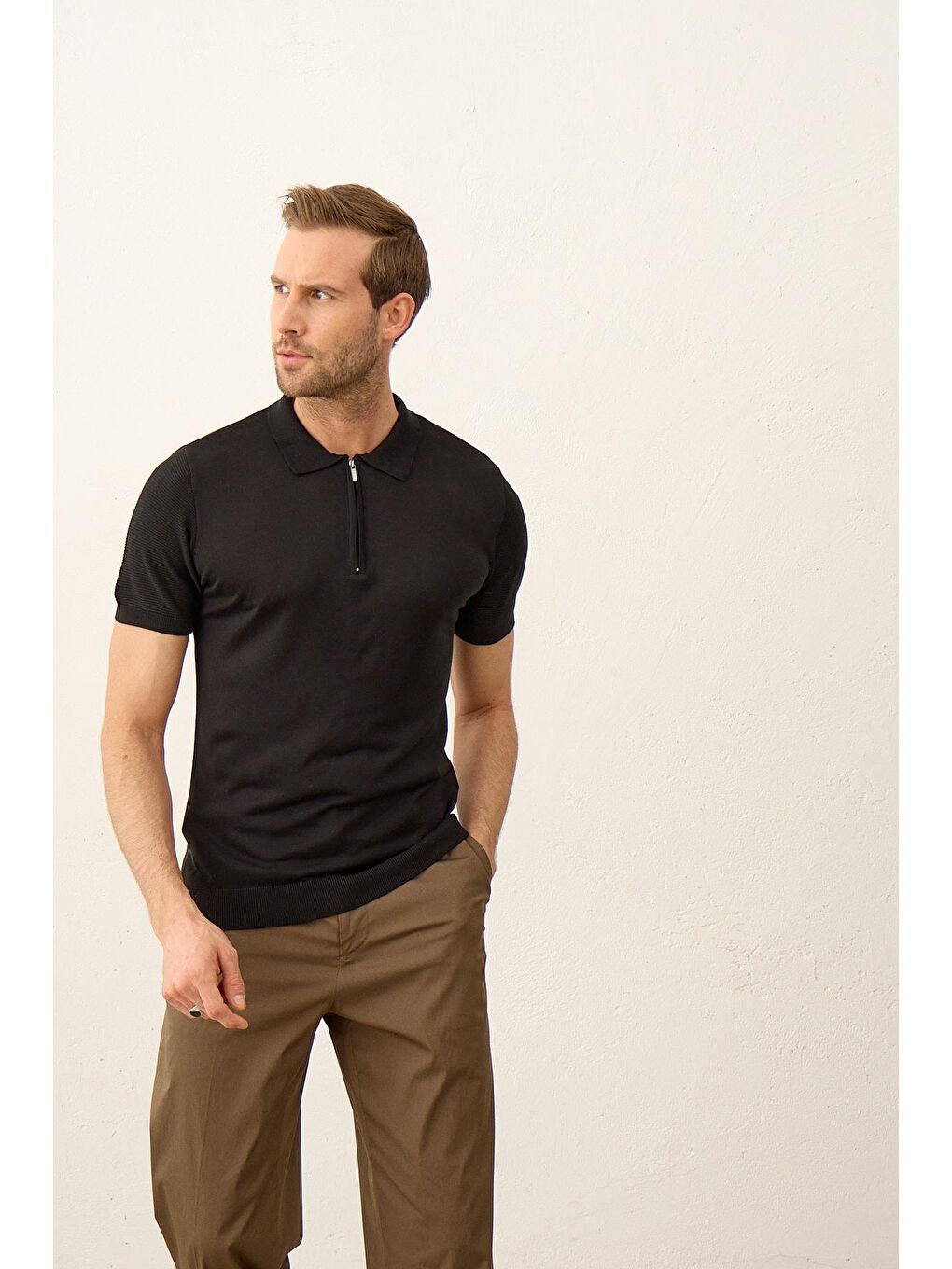 Danger Erkek Basic Slim-Fit Polo Yaka Yazlık Triko Tişört Siyah - 5
