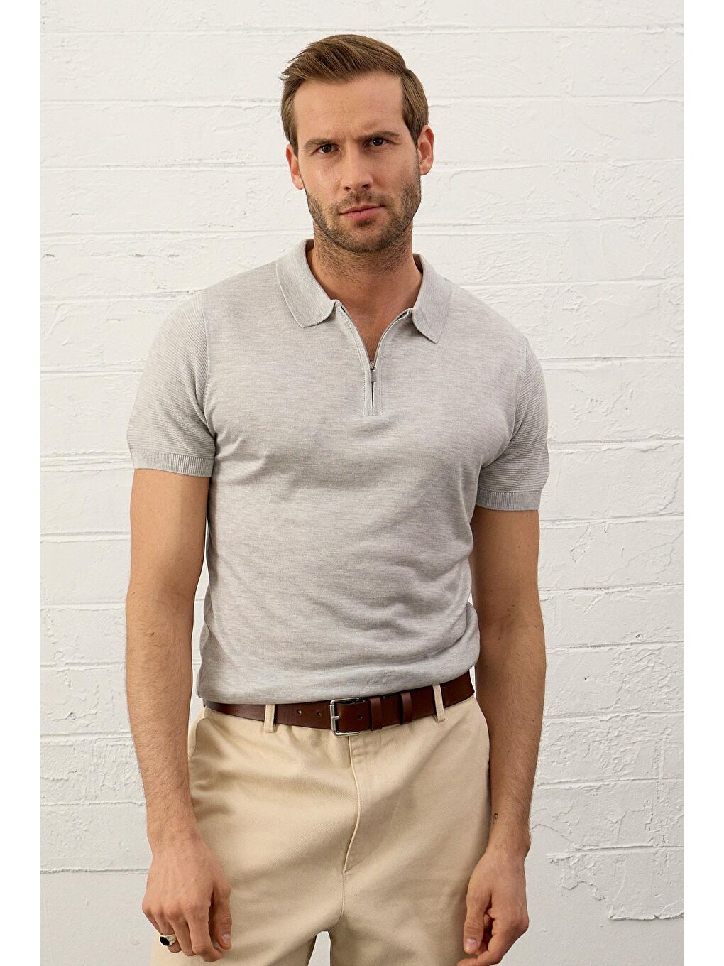 Erkek Basic Slim-Fit Polo Yaka Yazlık Triko Tişört  Gri-1