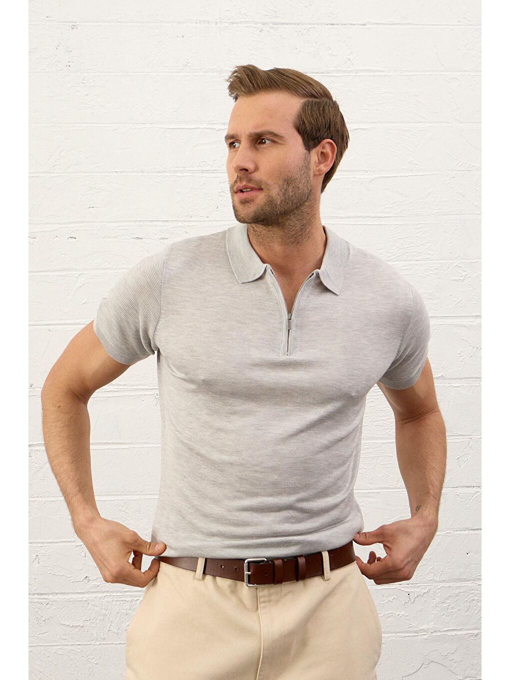Erkek Basic Slim-Fit Polo Yaka Yazlık Triko Tişört  Gri-2