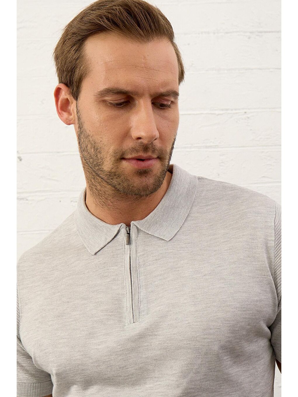 Erkek Basic Slim-Fit Polo Yaka Yazlık Triko Tişört  Gri-3
