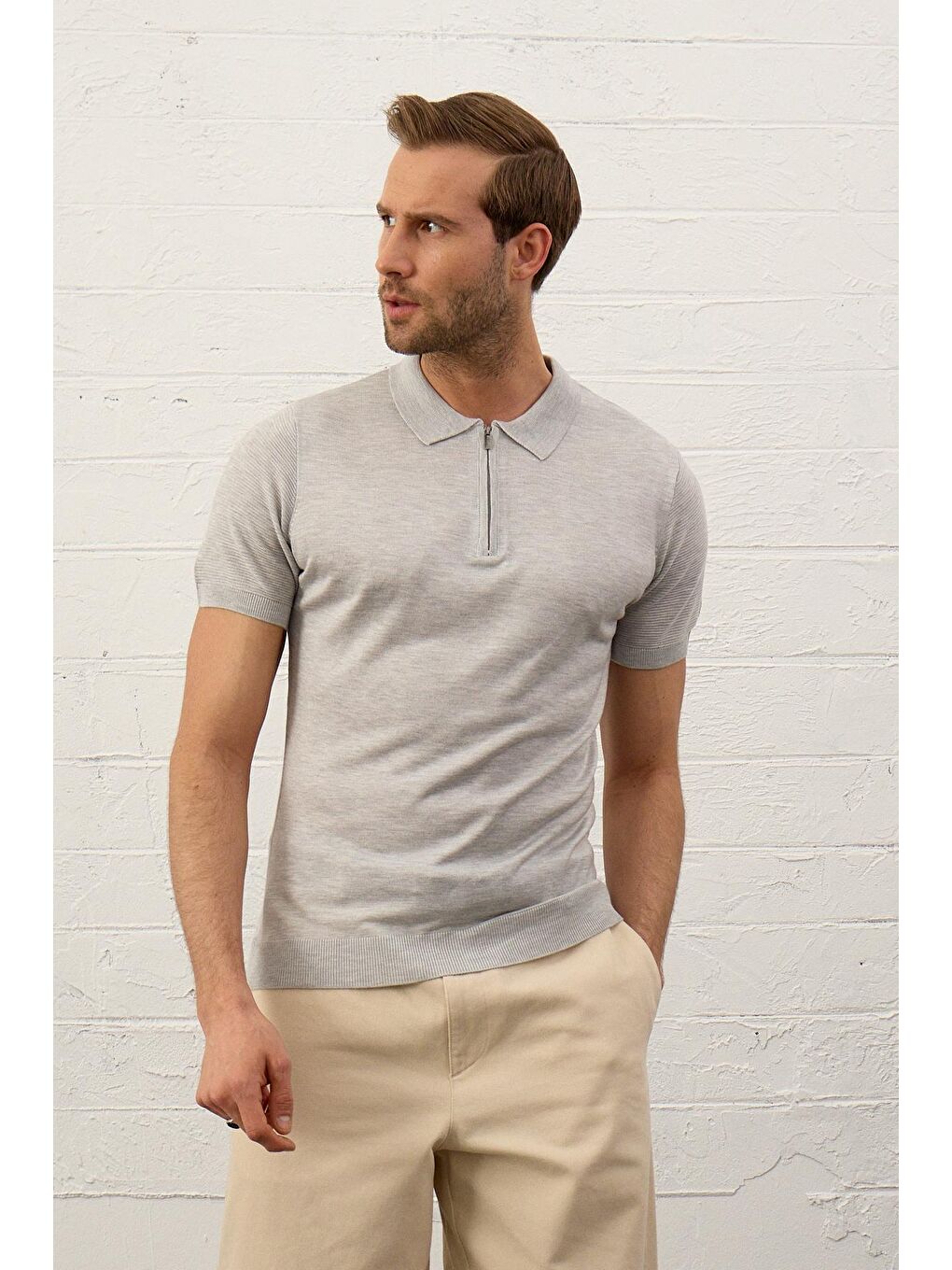 Erkek Basic Slim-Fit Polo Yaka Yazlık Triko Tişört  Gri-4