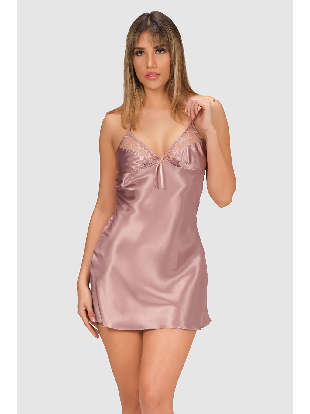 Bej Vizon Dantelli Saten Gecelik Sabahlık Takımı-1