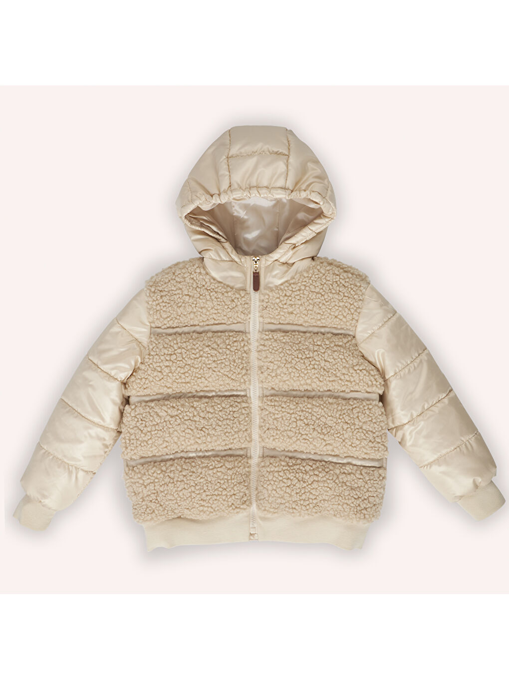 Kız Çocuk Pelüş Detaylı Bej Şişme Mont-2