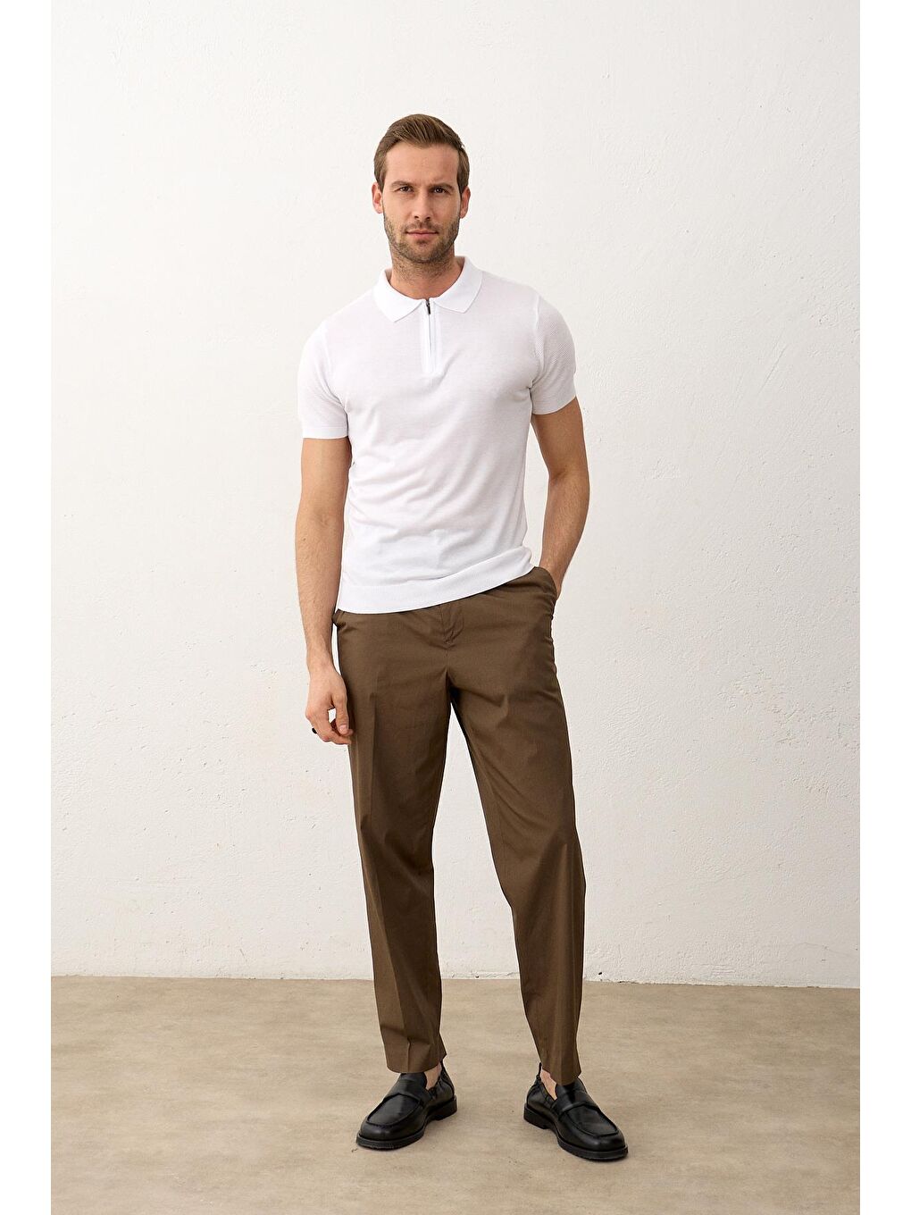 Erkek Basic Slim-Fit Polo Yaka Yazlık Triko Tişört Beyaz-3