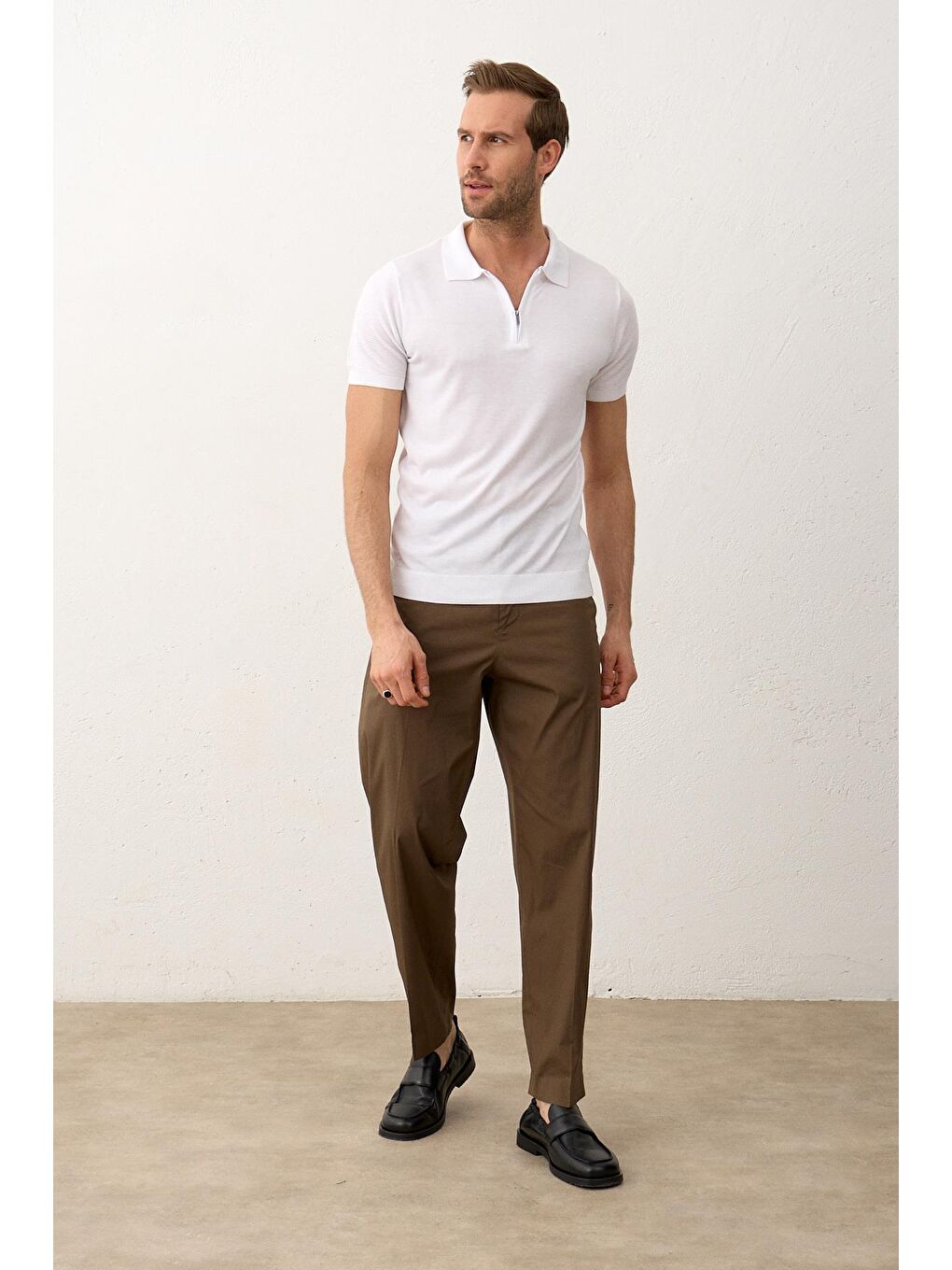 Erkek Basic Slim-Fit Polo Yaka Yazlık Triko Tişört Beyaz-4