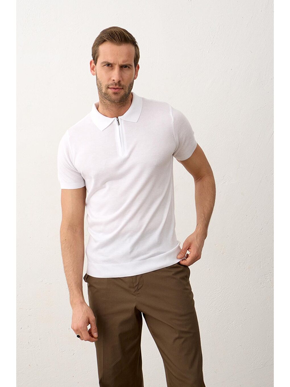 Erkek Basic Slim-Fit Polo Yaka Yazlık Triko Tişört Beyaz-5