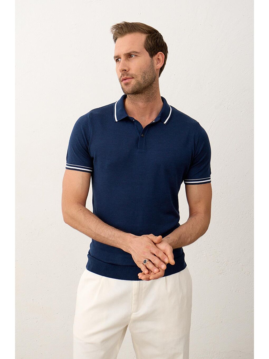 Erkek Çizgili Slim-Fit Yazlık Triko Tişört  İndigo-1