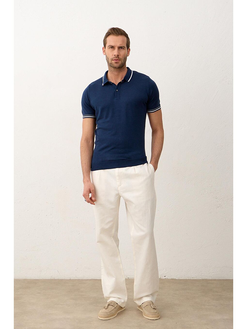 Erkek Çizgili Slim-Fit Yazlık Triko Tişört  İndigo-3