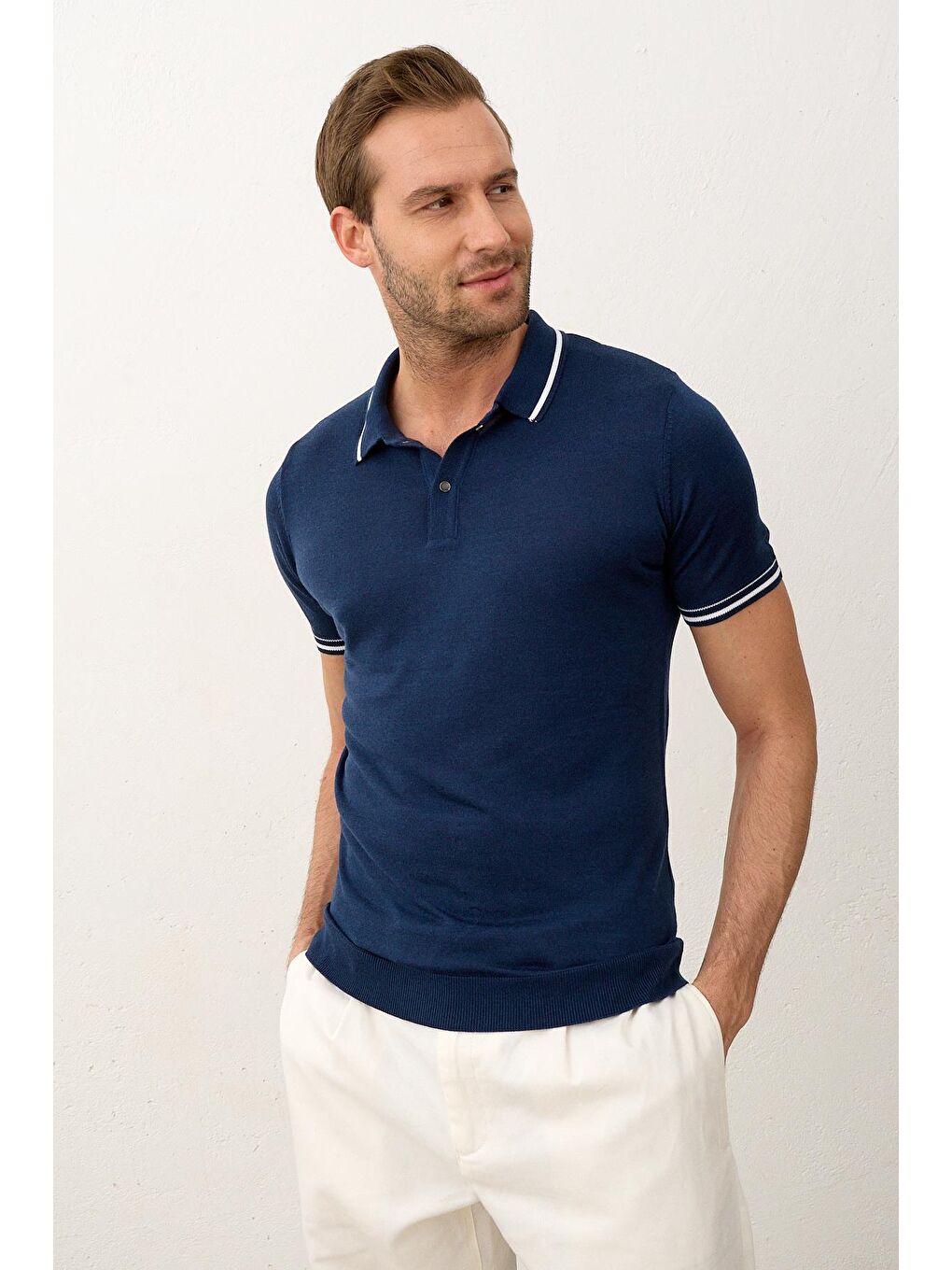 Erkek Çizgili Slim-Fit Yazlık Triko Tişört  İndigo-4