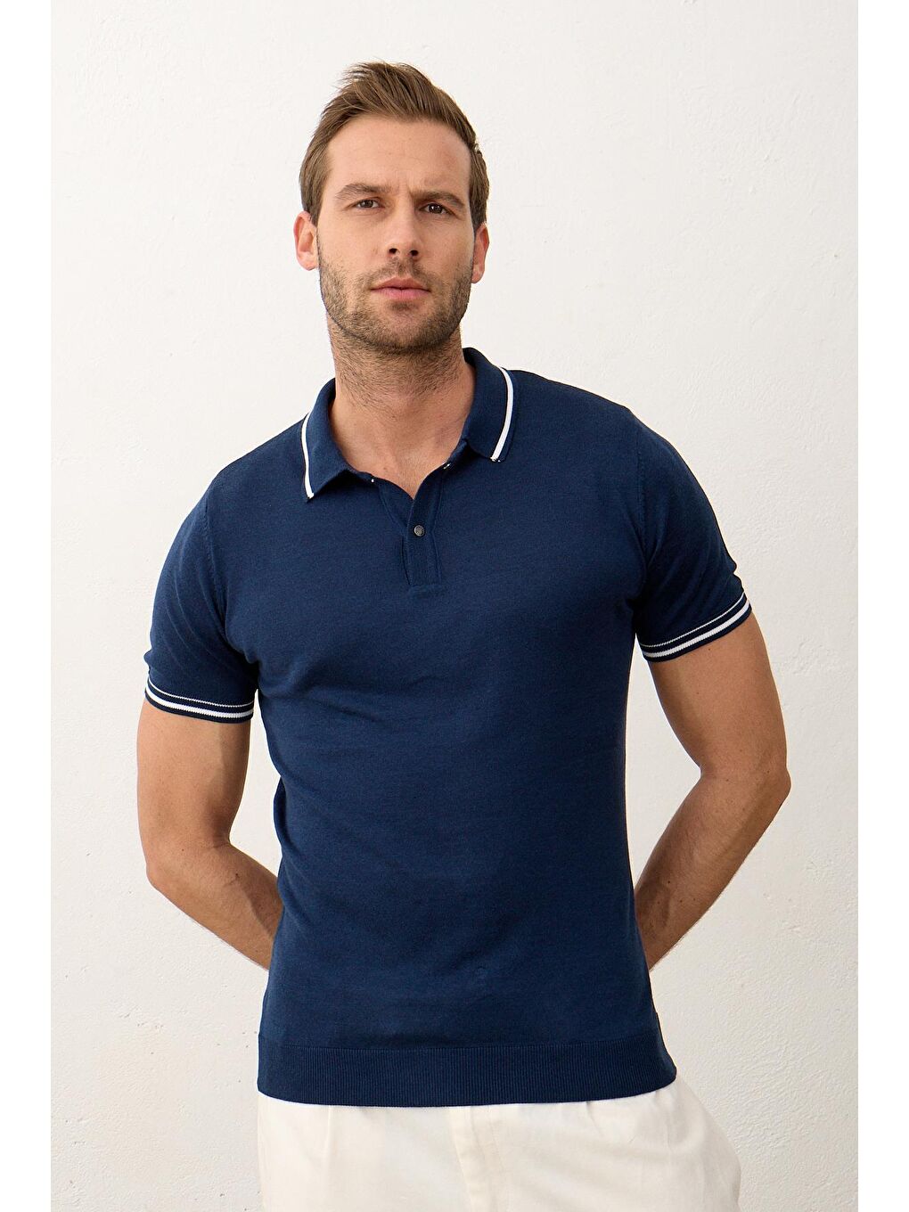 Erkek Çizgili Slim-Fit Yazlık Triko Tişört  İndigo-5