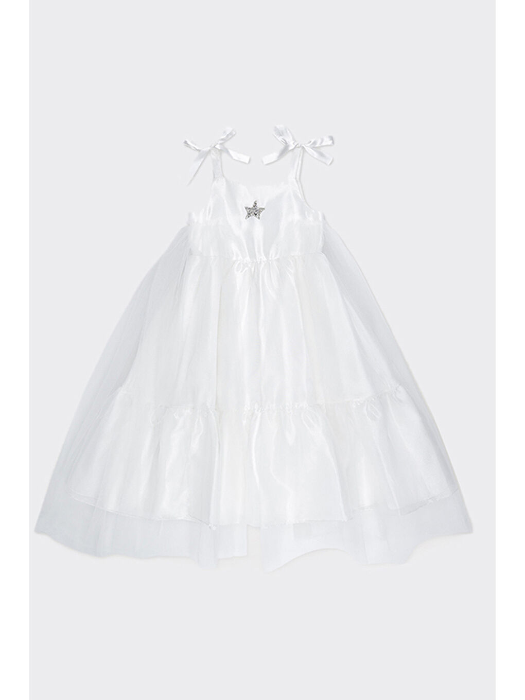 Kız Çocuk Tül Detaylı Ekru Abiye Elbise