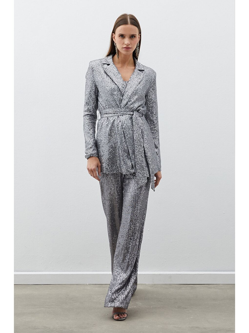 Gri Kemerli Payet Pantolon - Gümüş-1