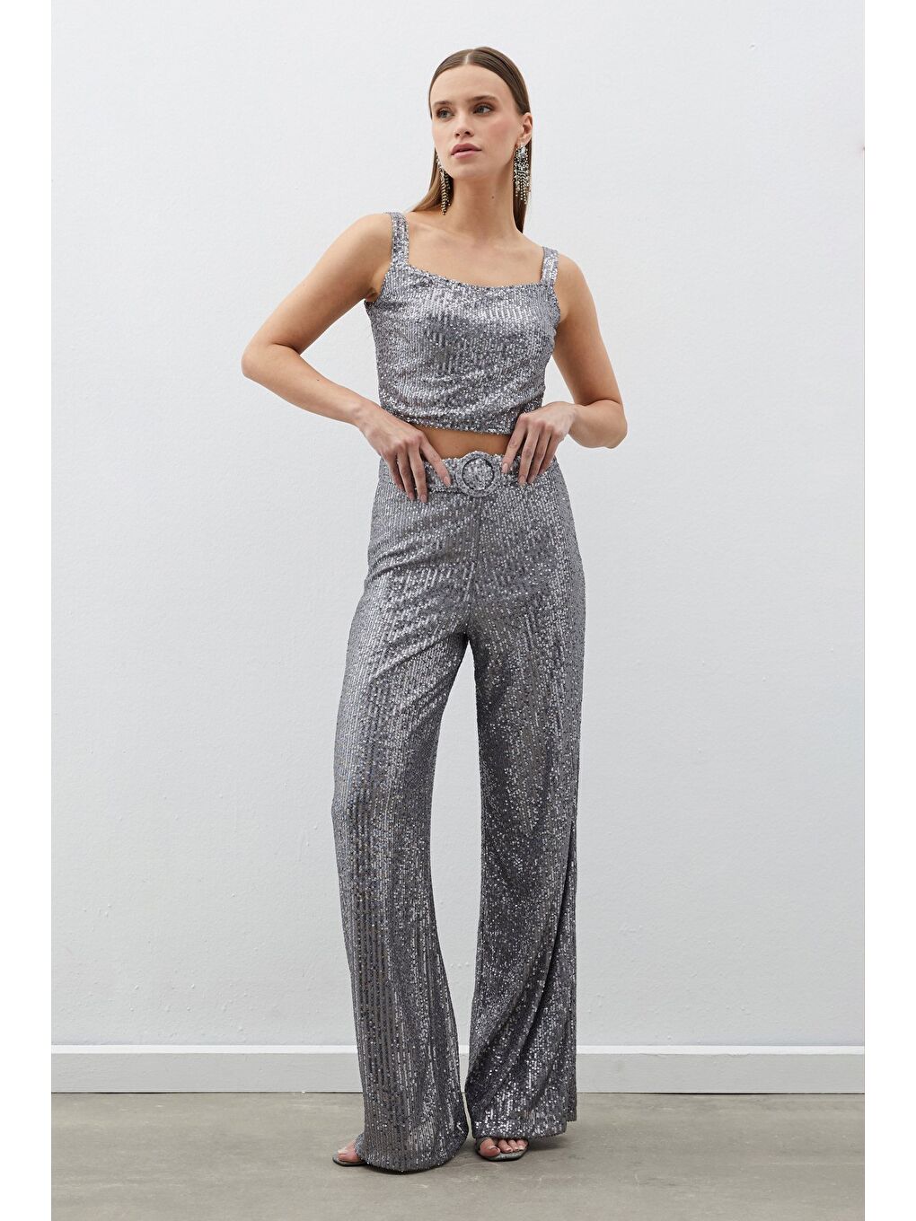 Gri Kemerli Payet Pantolon - Gümüş-2