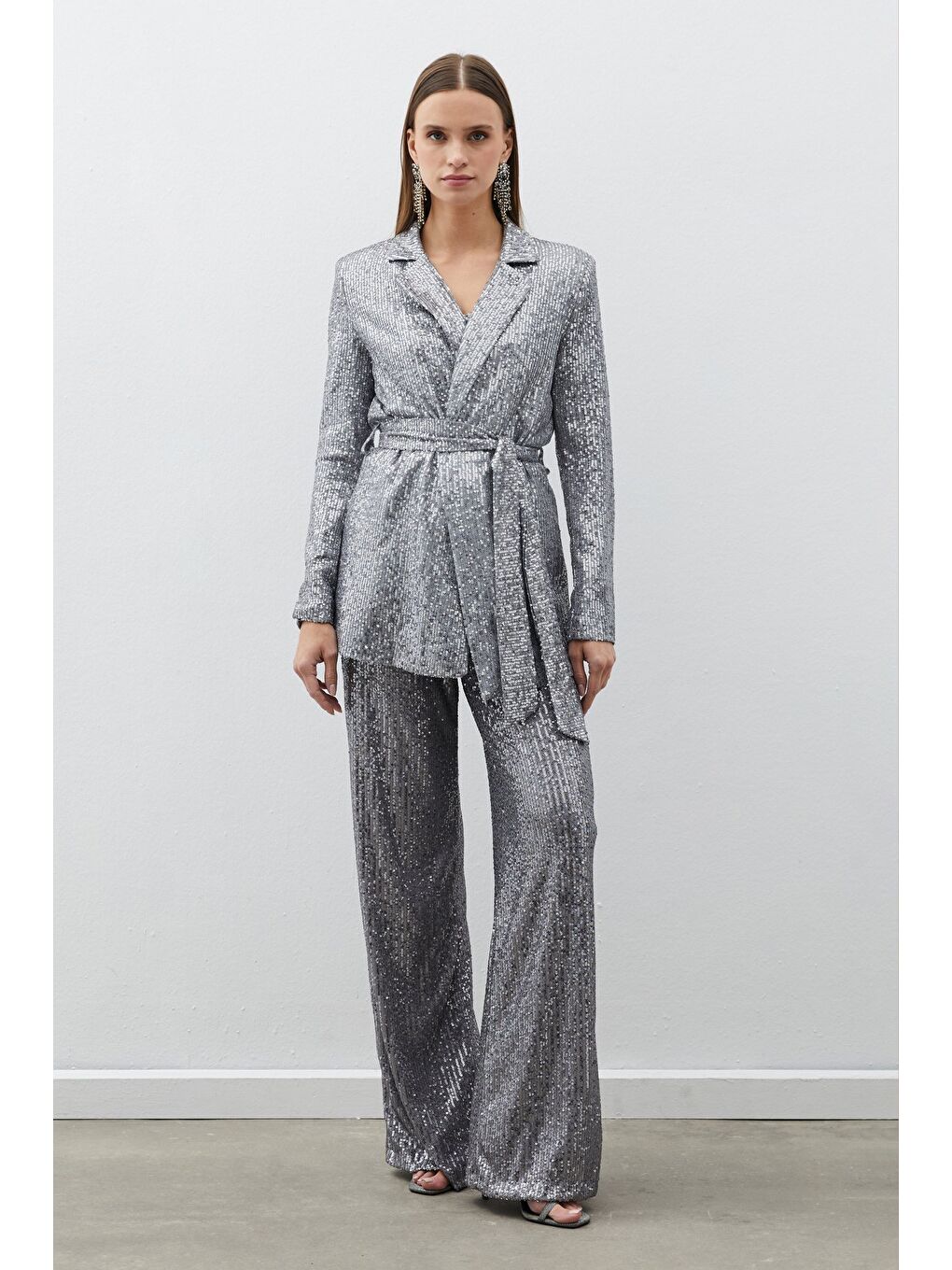 Gri Kemerli Payet Pantolon - Gümüş-3
