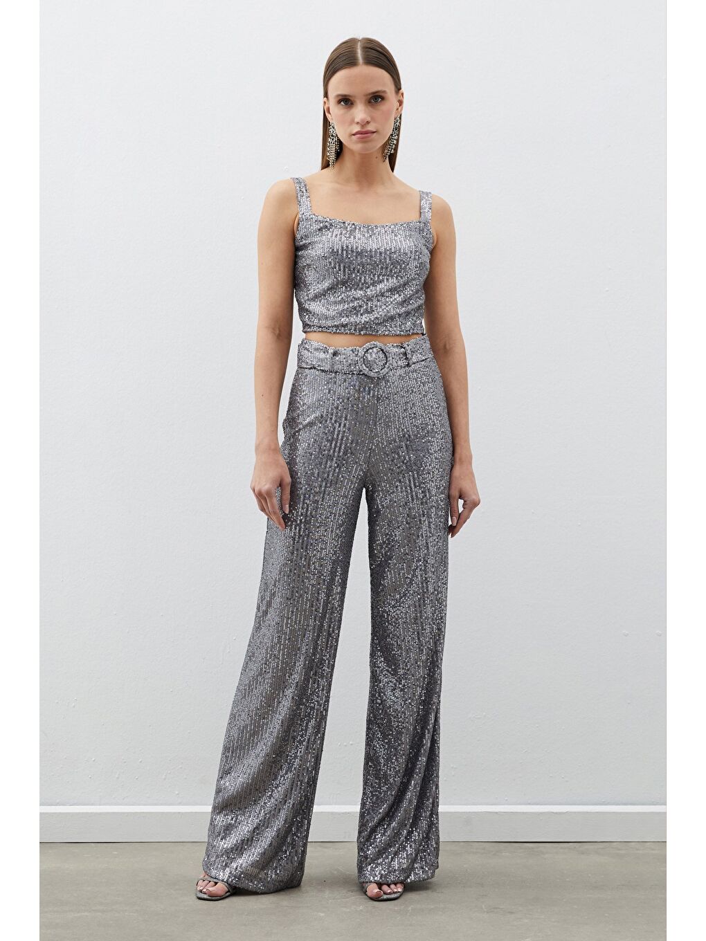 Gri Kemerli Payet Pantolon - Gümüş-4