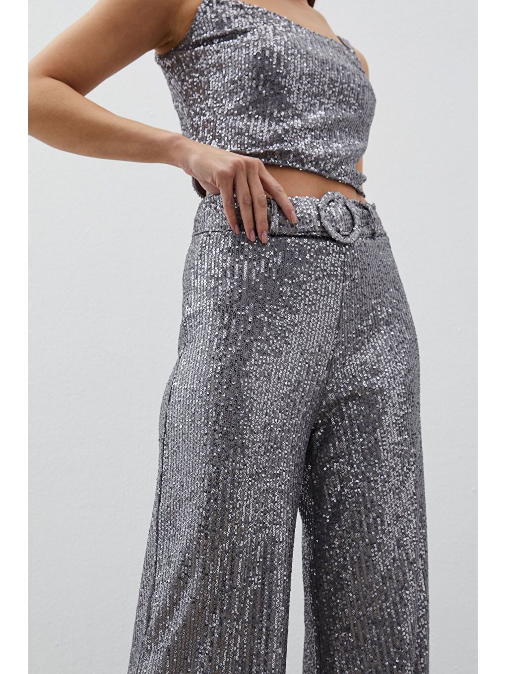 Gri Kemerli Payet Pantolon - Gümüş-5