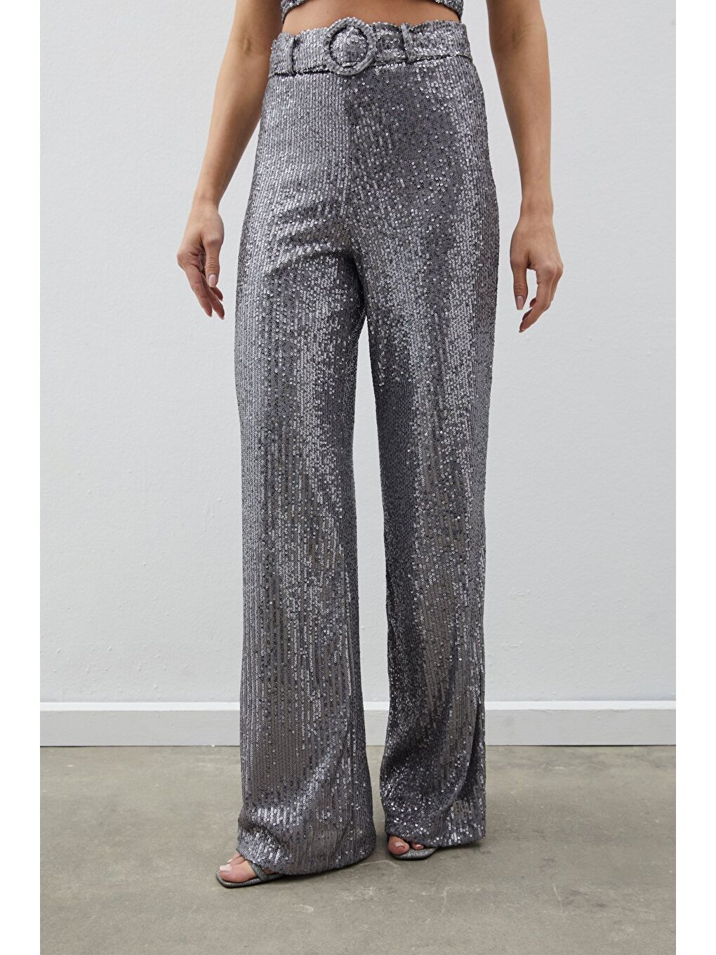 Gri Kemerli Payet Pantolon - Gümüş-6