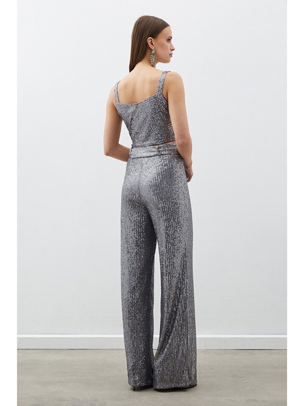 Gri Kemerli Payet Pantolon - Gümüş-7