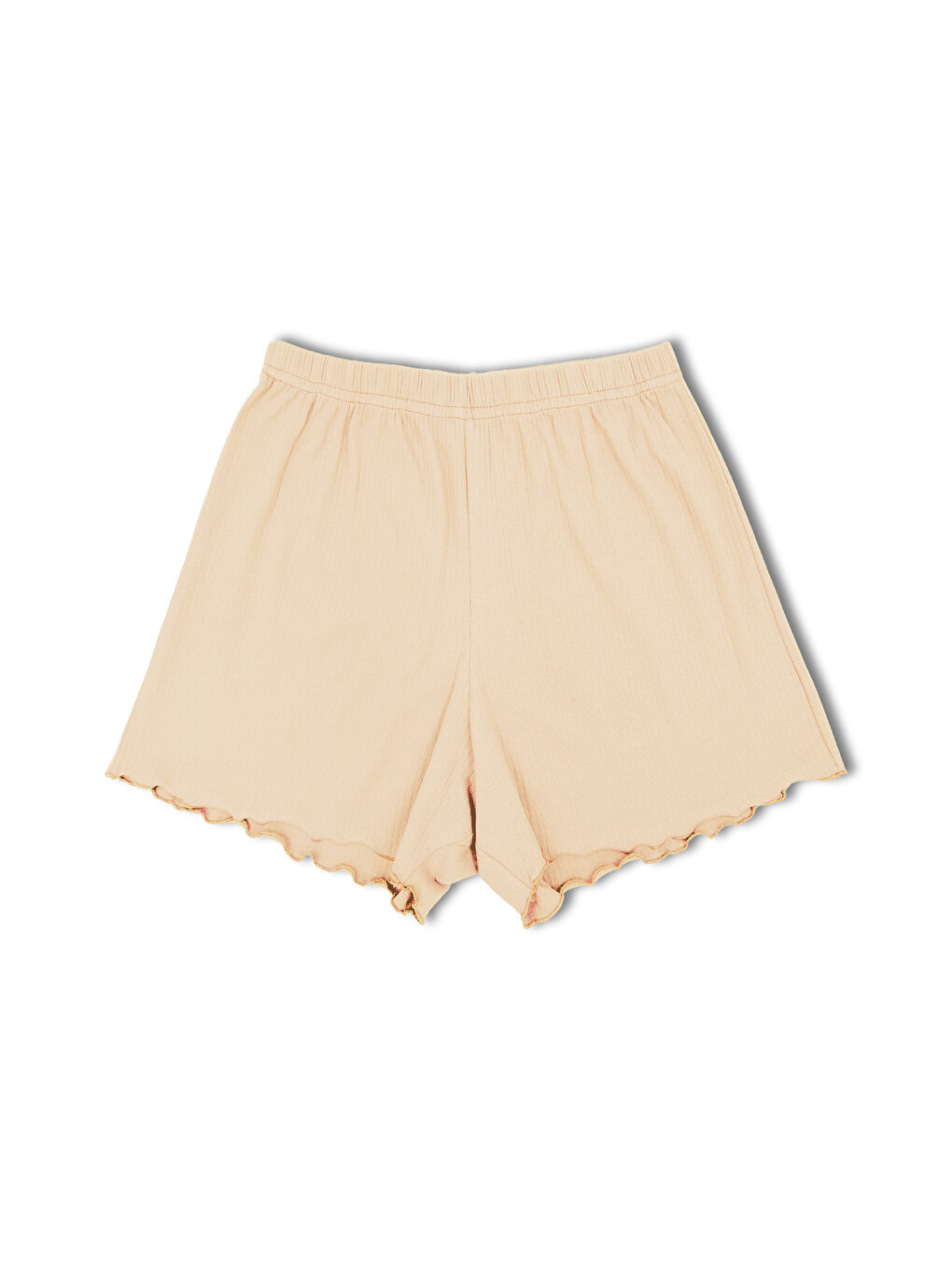 Bej Pamuklu Fitilli Kısa Kollu Şortlu Kadın Pijama Takım-2