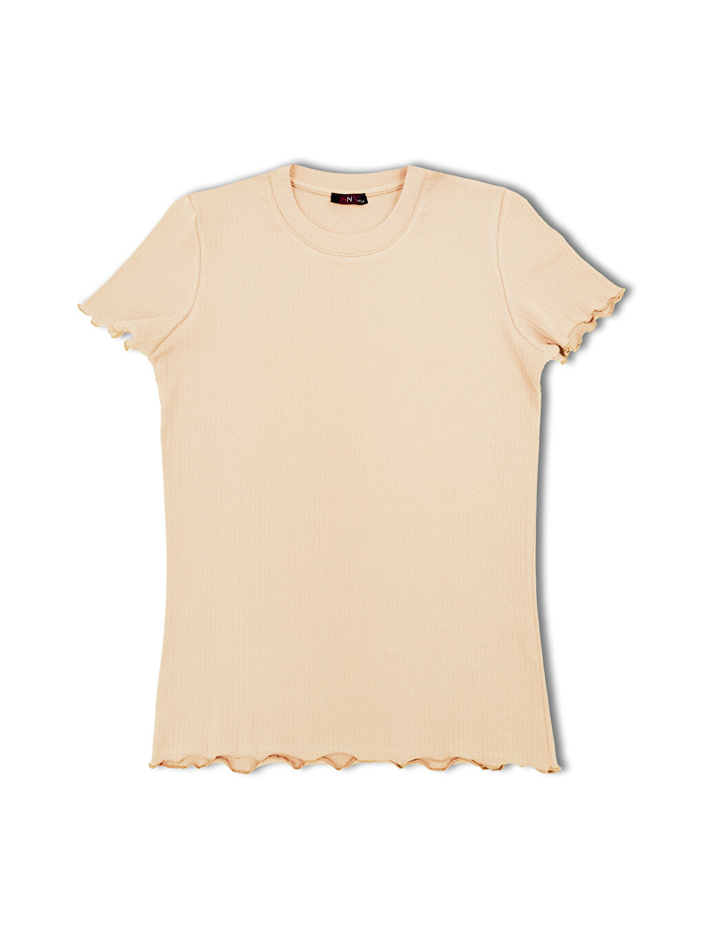 Bej Pamuklu Fitilli Kısa Kollu Şortlu Kadın Pijama Takım-1