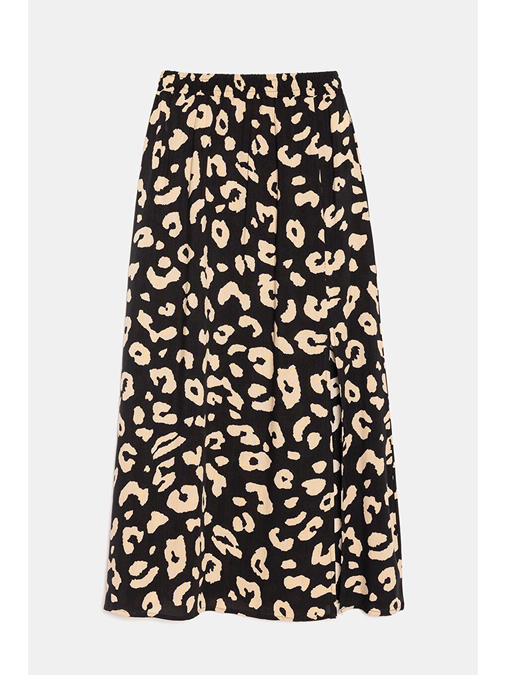 Siyah Kadın A Kesim Beli Lastikli Desenli Yırtmaçlı Midi Dokuma Etek - Viskon-5