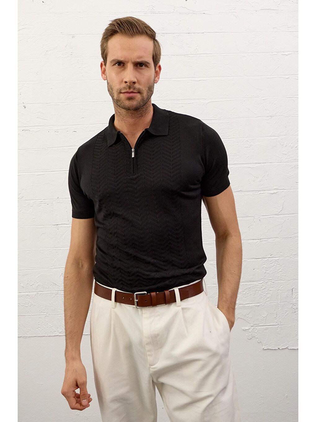 Erkek Slim-Fit Polo Yaka Yazlık Triko Tişört Siyah-3