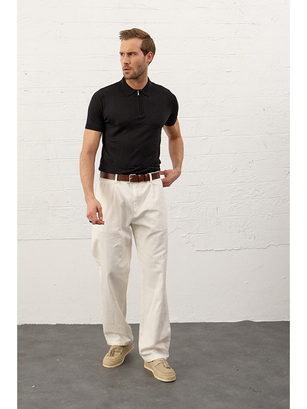 Erkek Slim-Fit Polo Yaka Yazlık Triko Tişört Siyah-6