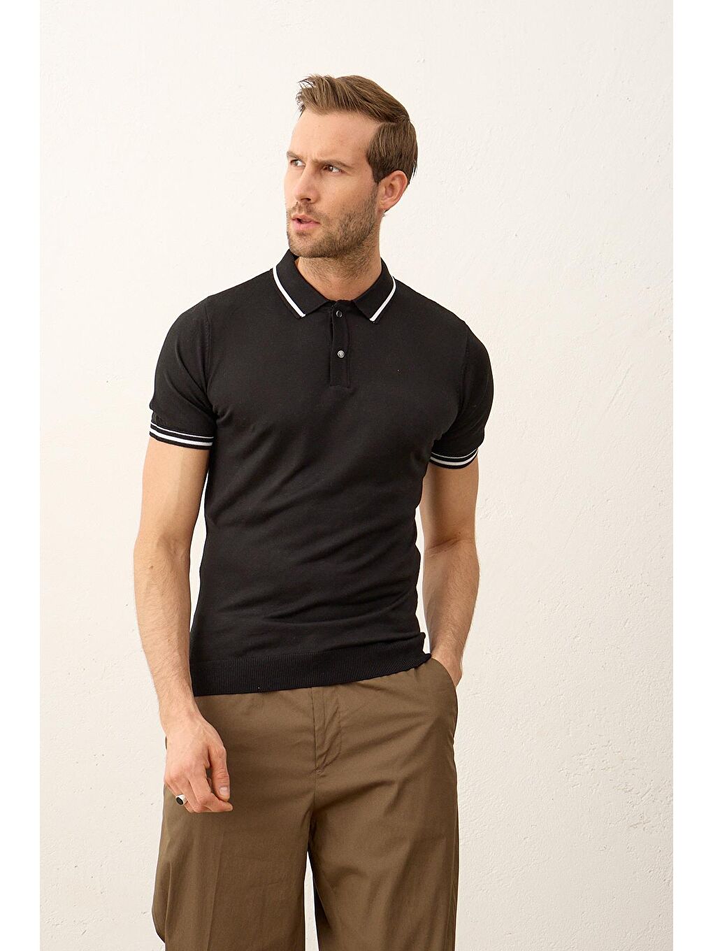 Erkek Slim-Fit Yazlık Triko Polo Yaka Tişört Siyah-5