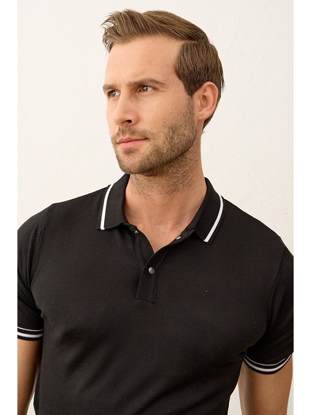 Erkek Slim-Fit Yazlık Triko Polo Yaka Tişört Siyah-6