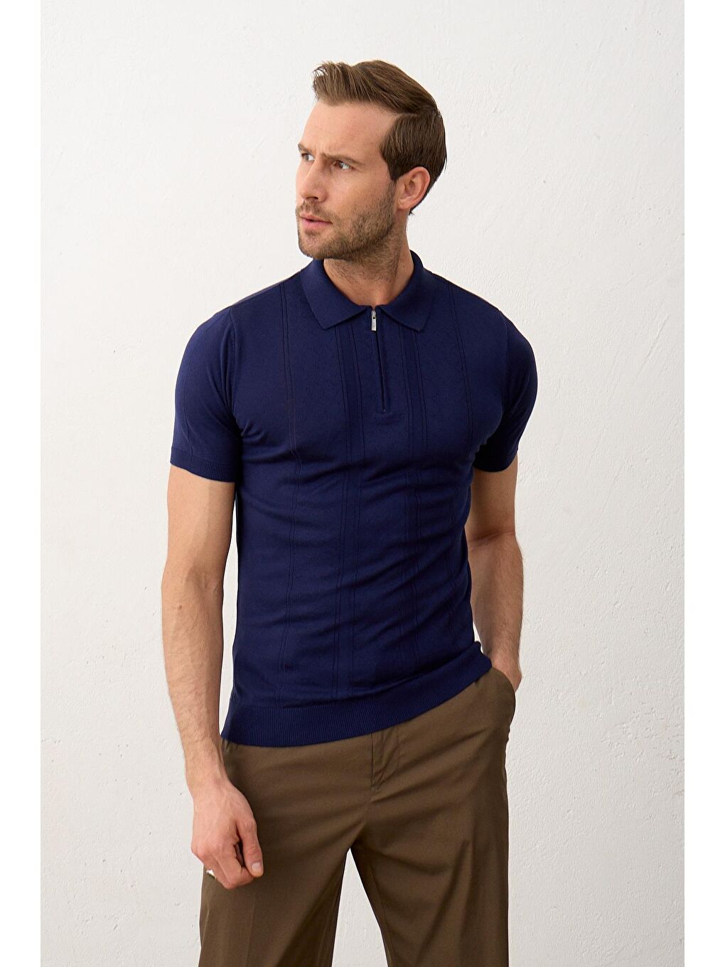 Lacivert Erkek Fermuarlı Slim-Fit Yazlık Triko Tişört Marine