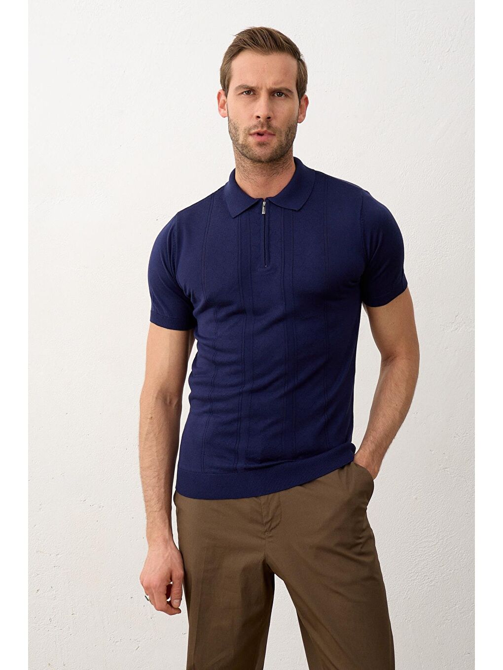 Lacivert Erkek Fermuarlı Slim-Fit Yazlık Triko Tişört Marine-2