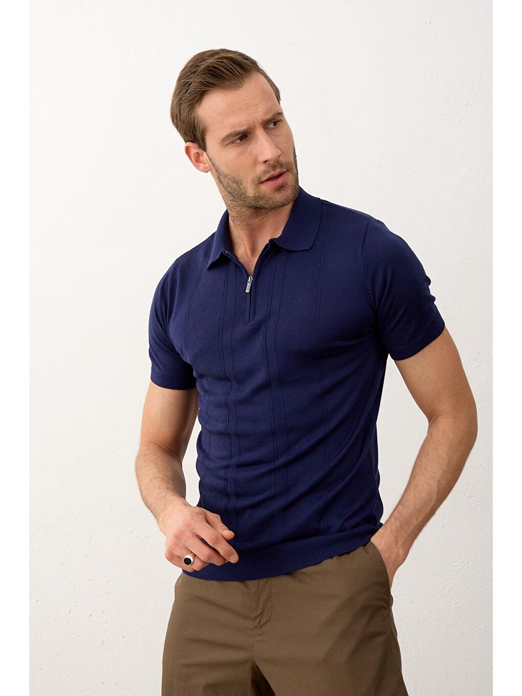 Lacivert Erkek Fermuarlı Slim-Fit Yazlık Triko Tişört Marine-3