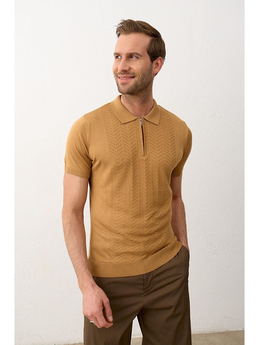 Sarı Erkek Slim-Fit Polo Yaka Yazlık Triko Tişört Hardal