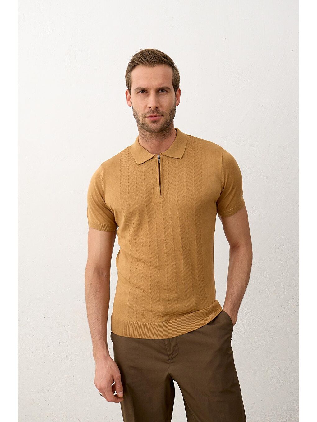 Sarı Erkek Slim-Fit Polo Yaka Yazlık Triko Tişört Hardal-2