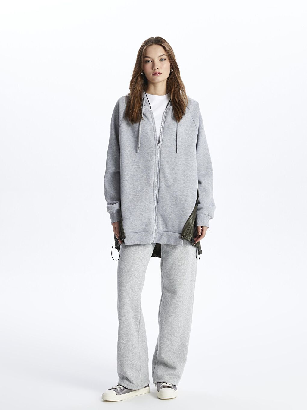 Gri Fermuarlı Kapuşonlu Kumaş Karışımlı Oversize Sweatshirt - Tokyo-1