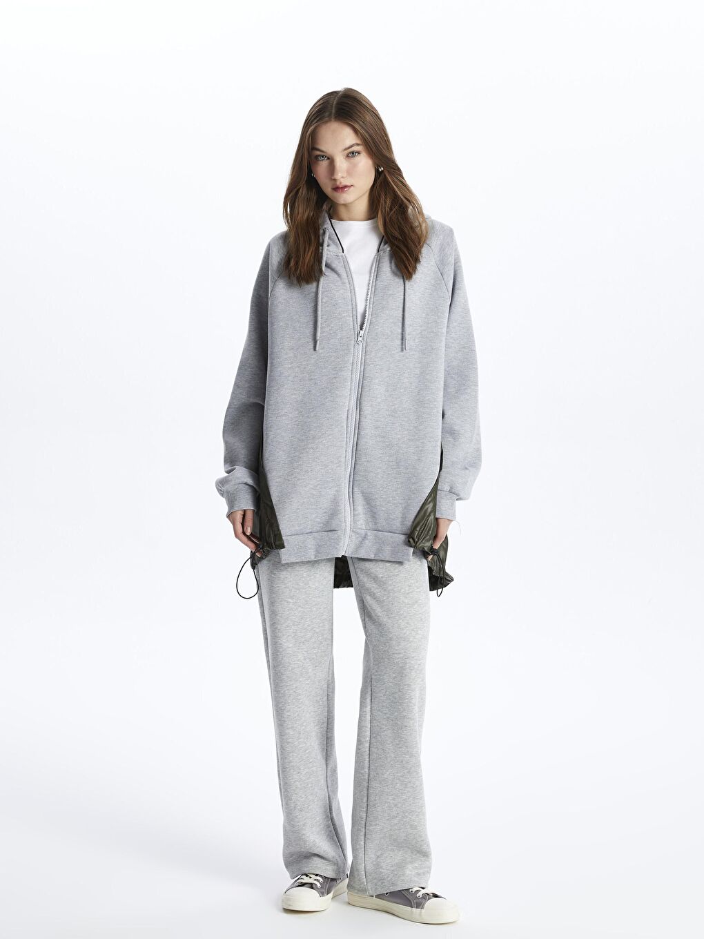 Gri Fermuarlı Kapuşonlu Kumaş Karışımlı Oversize Sweatshirt - Tokyo-2