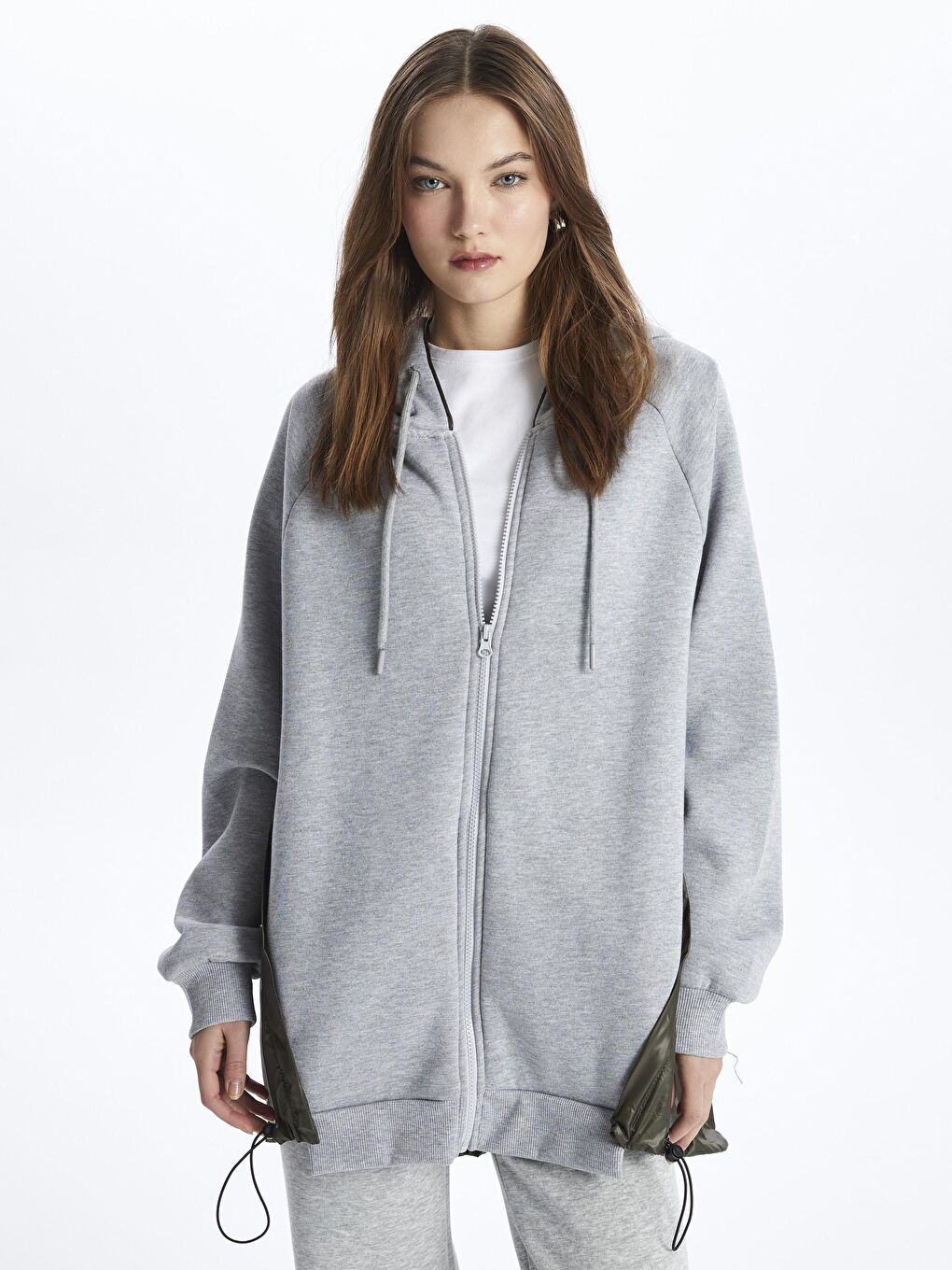 Gri Fermuarlı Kapuşonlu Kumaş Karışımlı Oversize Sweatshirt - Tokyo-3