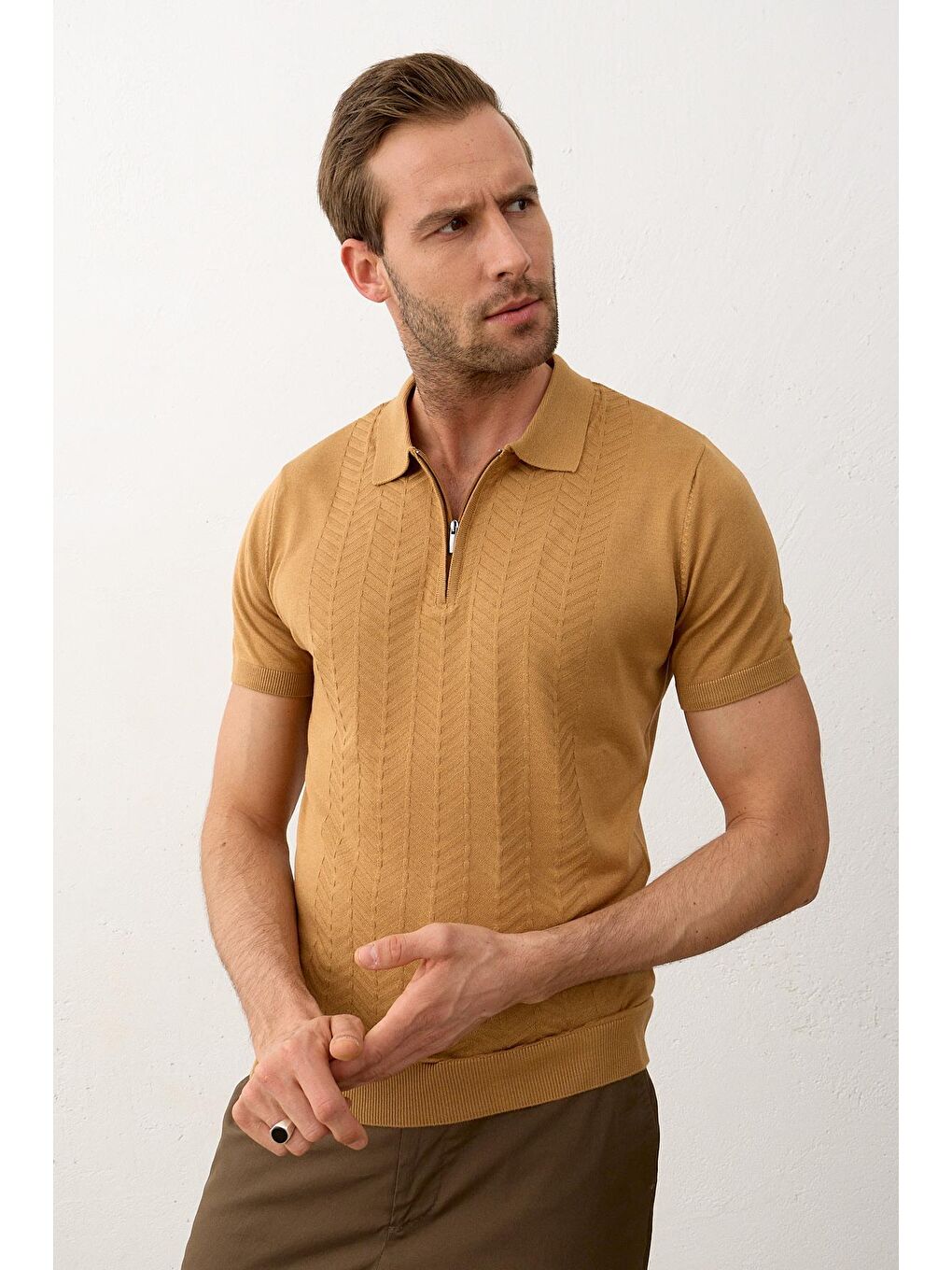Sarı Erkek Slim-Fit Polo Yaka Yazlık Triko Tişört Hardal-4