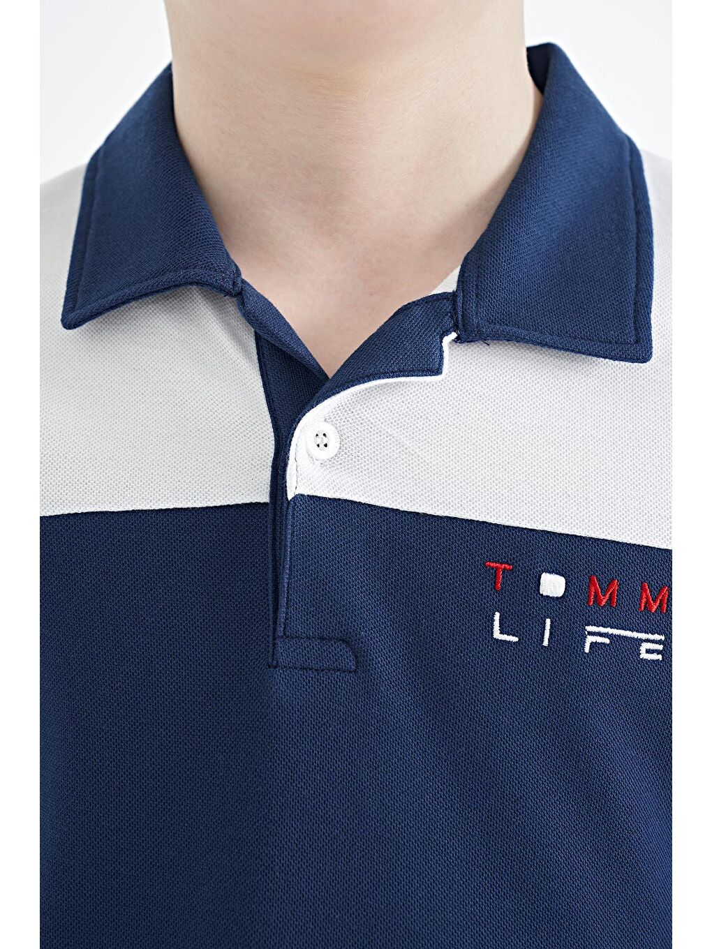 TOMMYLIFE İndigo Renk Bloklu Yazı Nakışlı Standart Kalıp Polo Yaka Erkek Çocuk T-Shirt - 11095 - 1