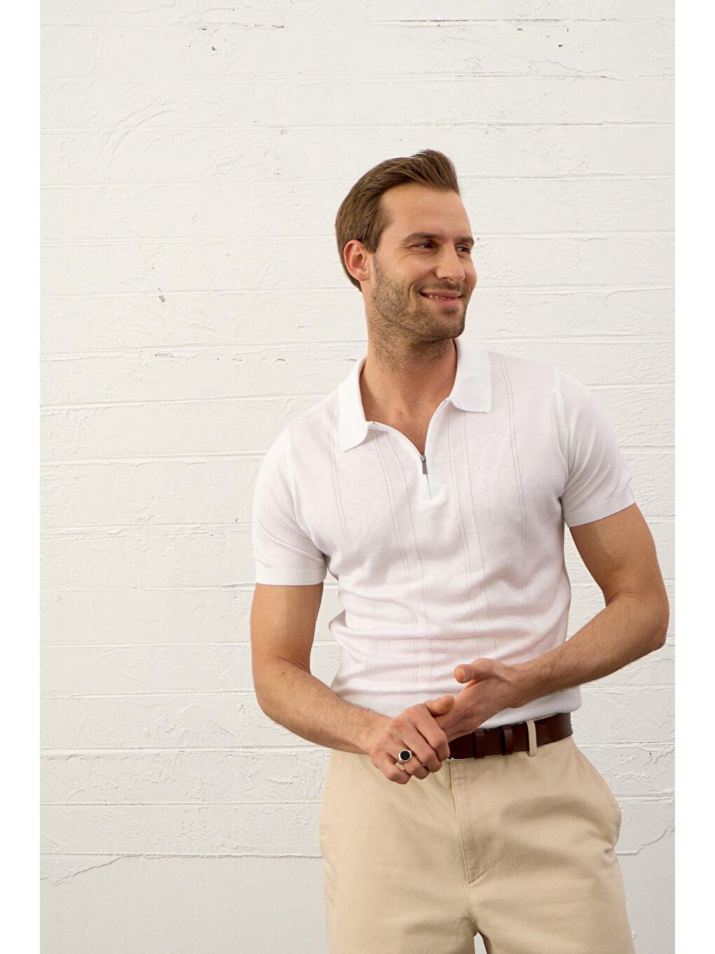 Beyaz Erkek Fermuarlı Slim-Fit Yazlık Triko Tişört-2