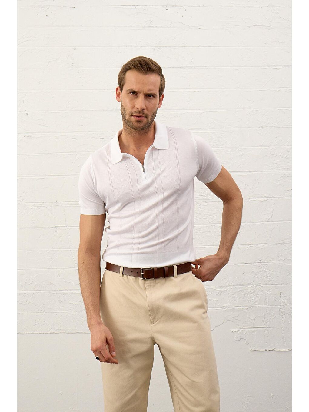 Beyaz Erkek Fermuarlı Slim-Fit Yazlık Triko Tişört-4