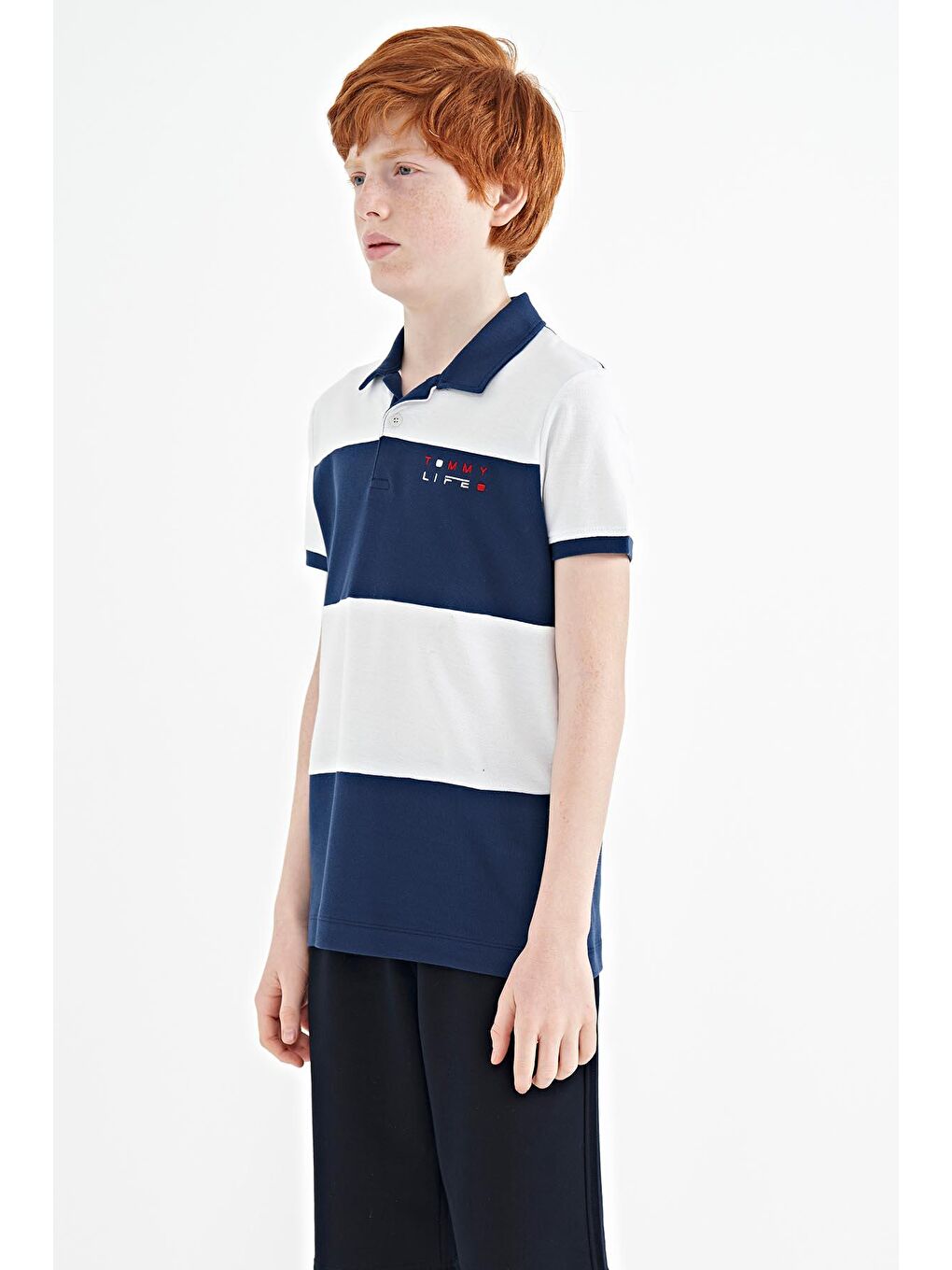 TOMMYLIFE İndigo Renk Bloklu Yazı Nakışlı Standart Kalıp Polo Yaka Erkek Çocuk T-Shirt - 11095 - 4