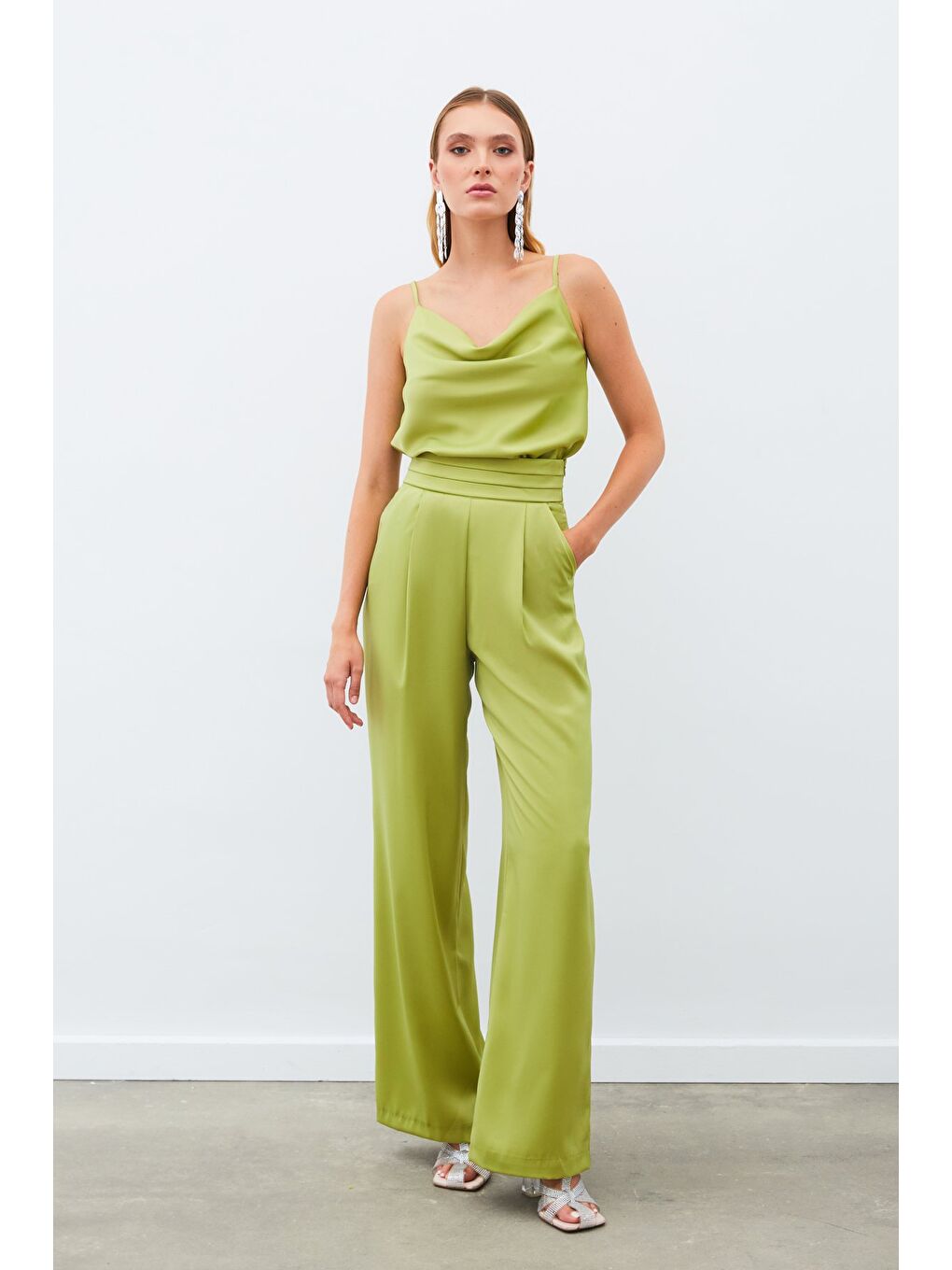 Cepli Salaş Saten Pantolon - Yağ Yeşili-1