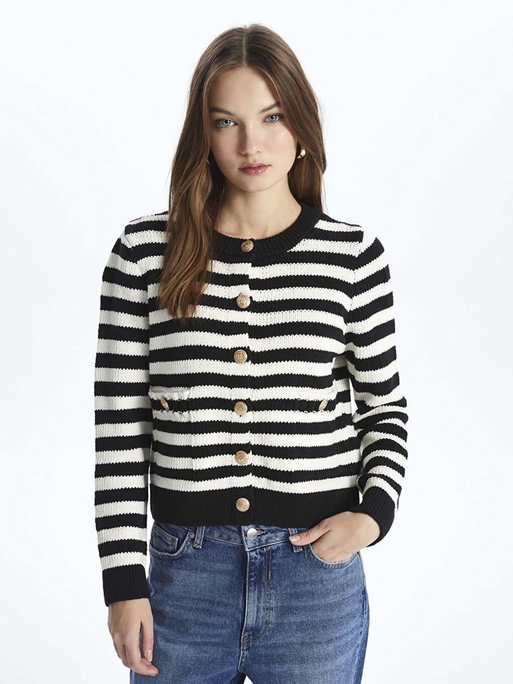 Siyah Düğmeli Çizgili Triko Hırka - Amalfi-2