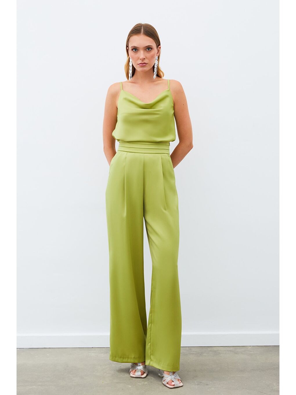 Cepli Salaş Saten Pantolon - Yağ Yeşili-2