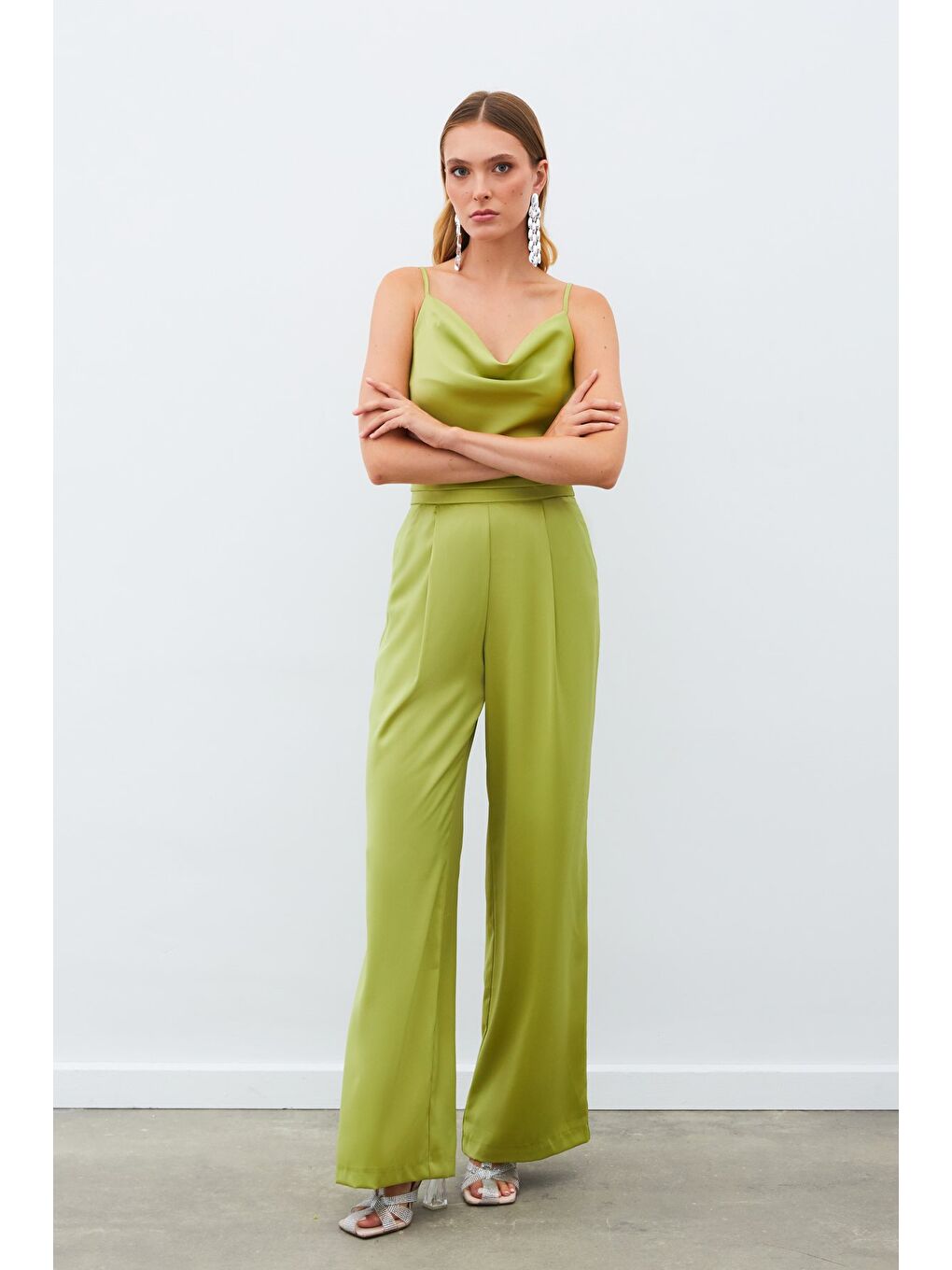 Cepli Salaş Saten Pantolon - Yağ Yeşili-3